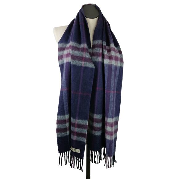 Burberry Made Exclusively In Scotland Purple Pink Gray Plaid Cashmere Scarf - Picture 2 of 4